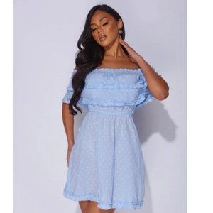 Blue Short Sleeve Off Shoulder Ruffle Trim Mini Dress